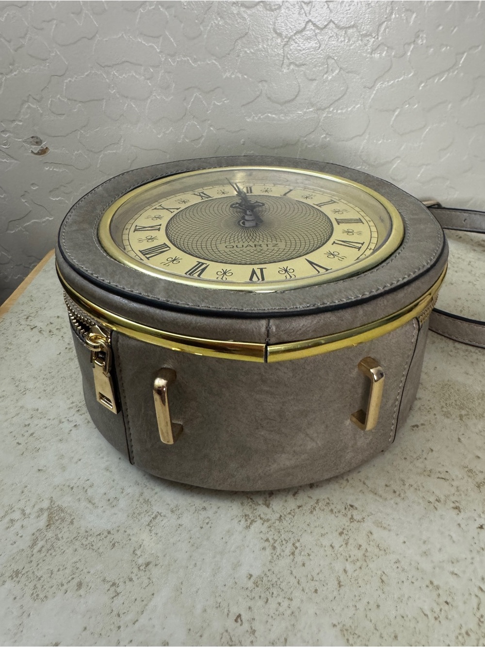 Round Clock-Face Crossbody Bag in Taupe - Picture 6 of 9